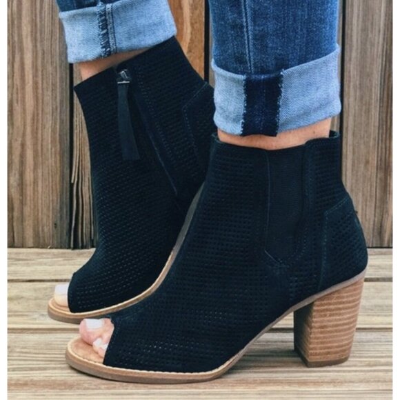 Toms Boots Womens 11 Majorca Peep Toe Perforated Ankle Bootie Black Suede - Picture 1 of 8